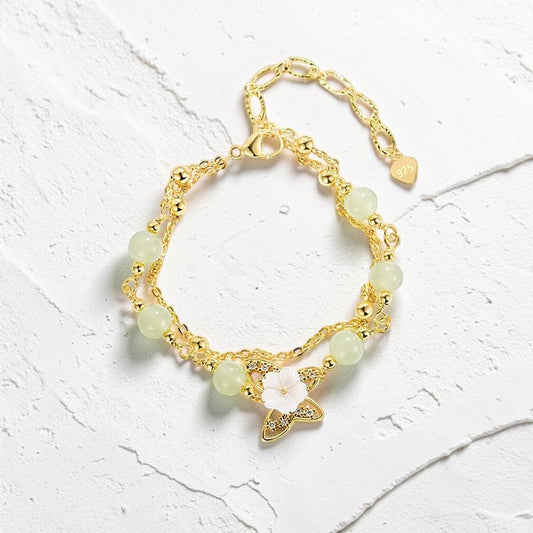 14K Gold Plated Bracelet — Jade Butterfly & Tridacna Flower, Double Layer (Symbol of Prosperity)