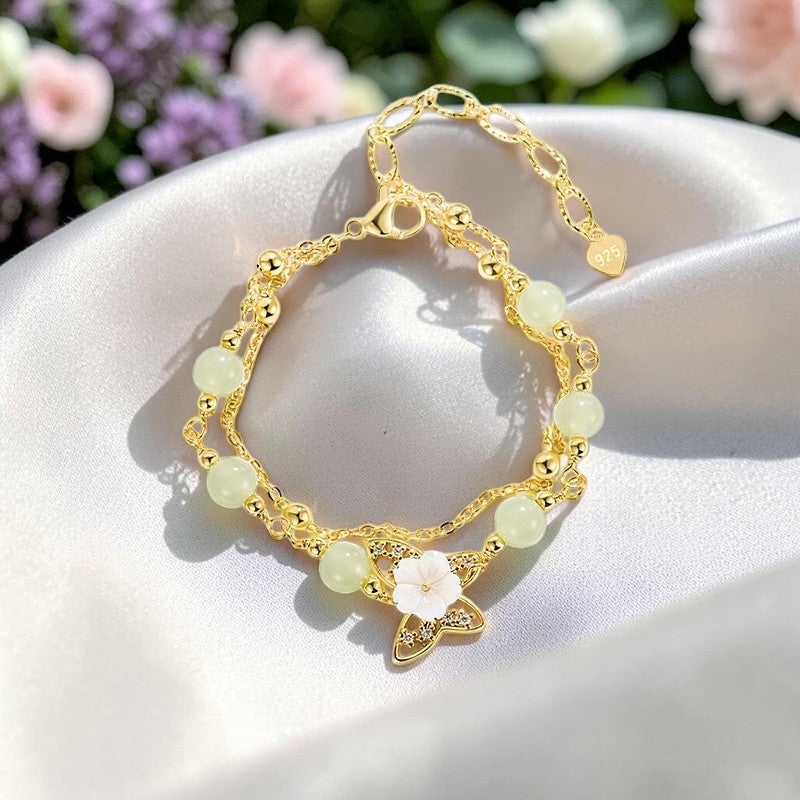 14K Gold Plated Bracelet — Jade Butterfly & Tridacna Flower, Double Layer (Symbol of Prosperity)