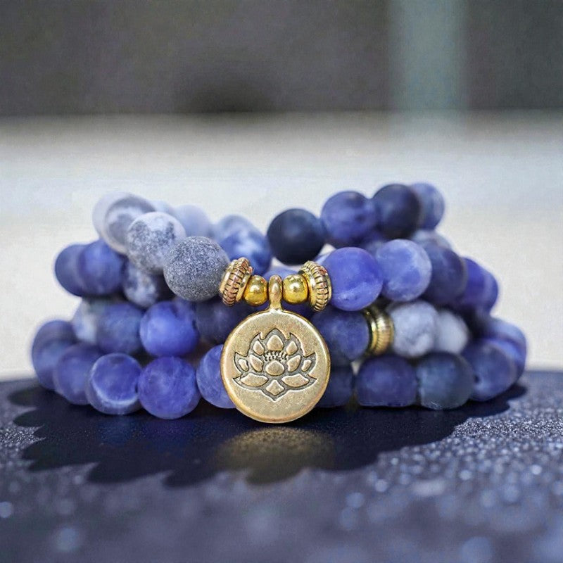 108 Natural Picasso Bracelet - Jasper & Blue Stone Mala Bead Lotus Pendant