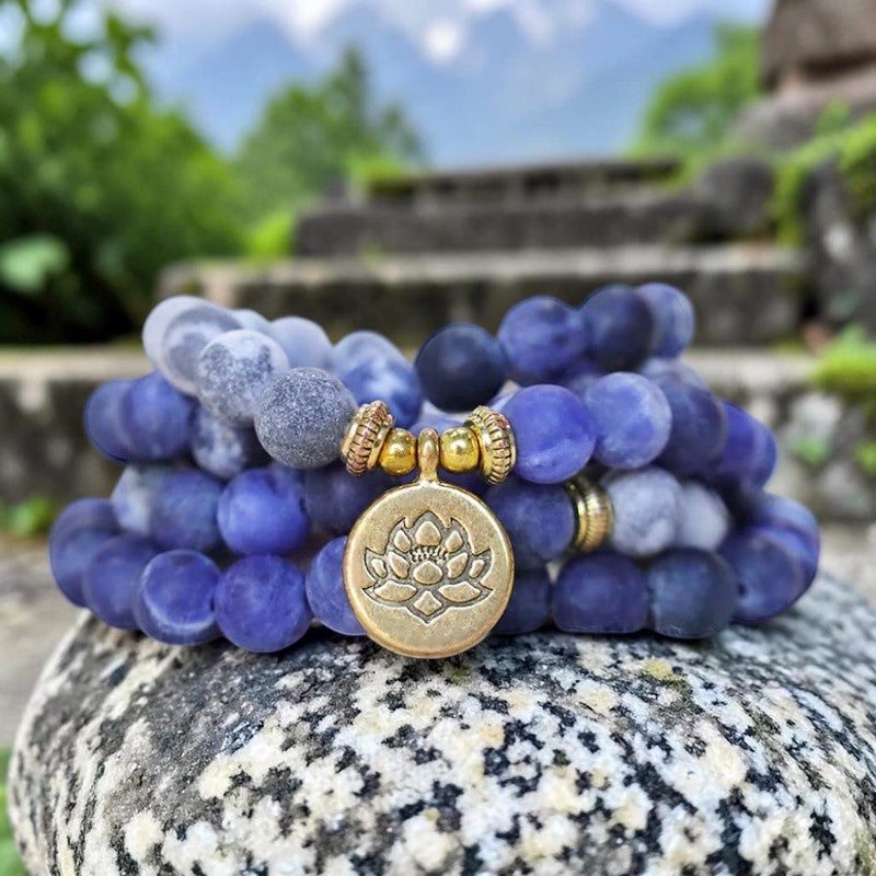 108 Picasso Jasper Mala Bracelet with Lotus Pendant — Jasper & Blue Stone Beads
