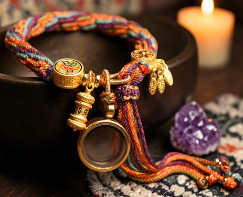 Tibetan Om Mani Bracelet — Padme Hum Red String with Reincarnation Knot (Copper & Rope)