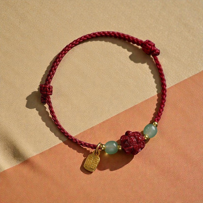 Natural Cinnabar Chinese Bracelet - Zodiac Hetian Jade Fu Character Luck Rope