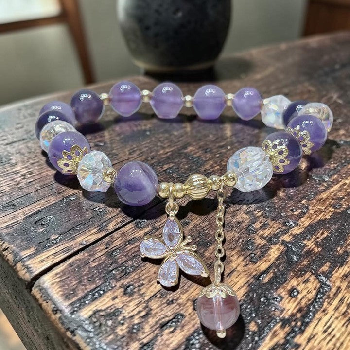 Natural Amethyst Bracelet — Butterfly Charm