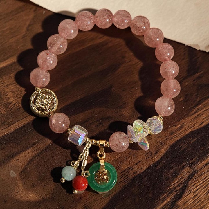 Strawberry Quartz & Jade Bracelet — Fu Character Charm, Symbol of Prosperity & Balance