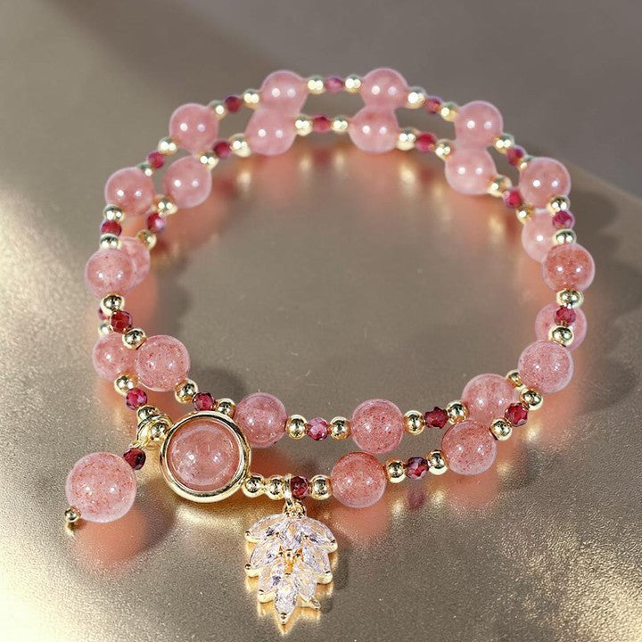 Natural Strawberry Quartz Bracelet - Love & Soothing Maple Leaf Charm (Double Wrap)