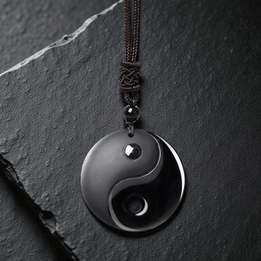 Black Obsidian Taoism Necklace - Five Sacred Mountains Nine-Character Mantra Carved Purification Yin Yang Pendant