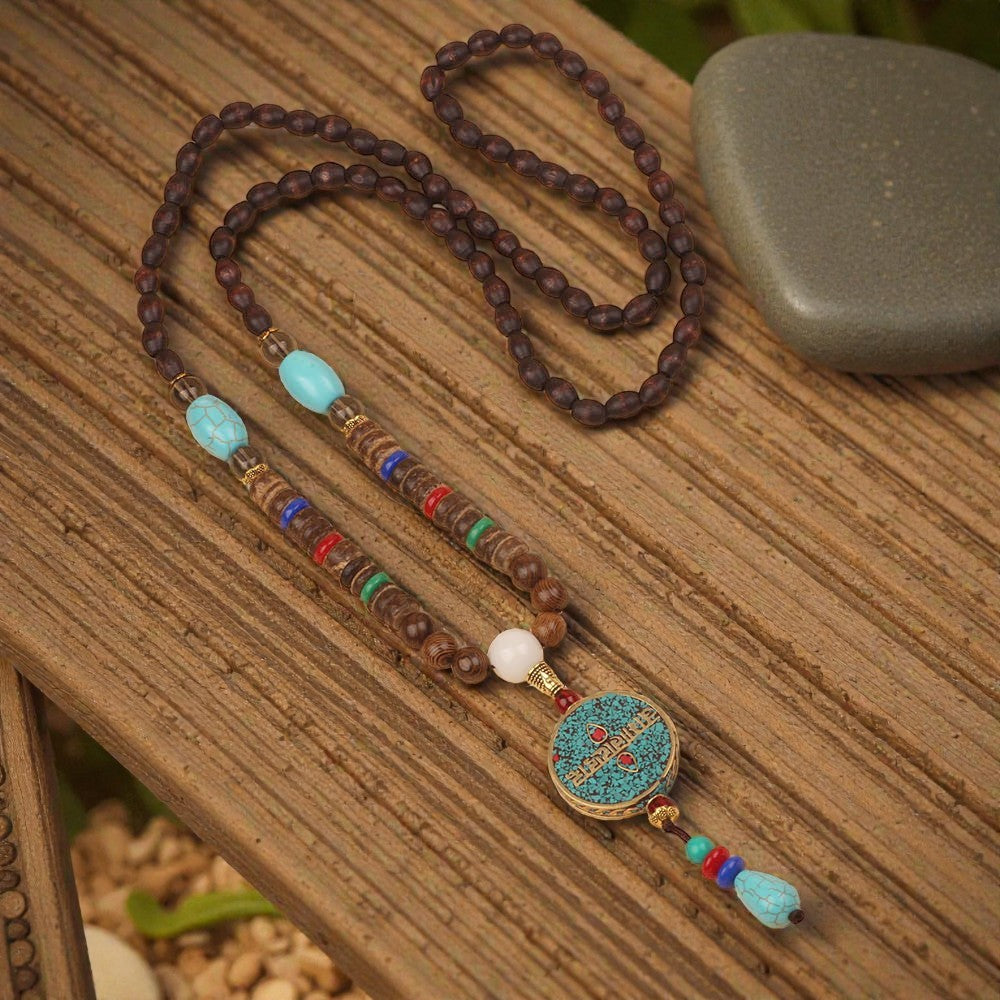 Turquoise Dzi Bead Necklace - Prayer Wheel Wenge Wood Meditation