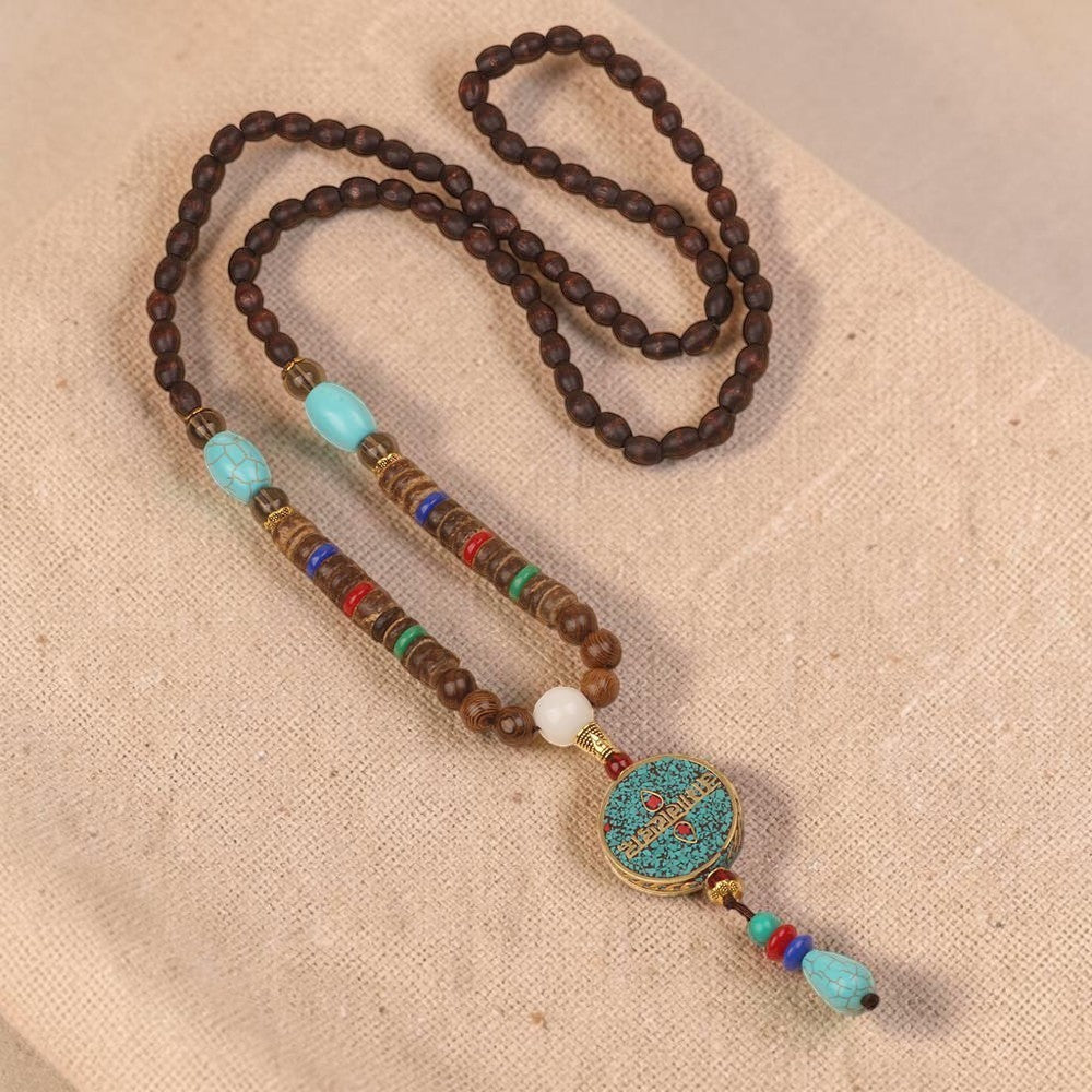 Turquoise Dzi Bead Necklace — Wenge Wood Prayer Wheel, Meditation-Inspired Jewelry