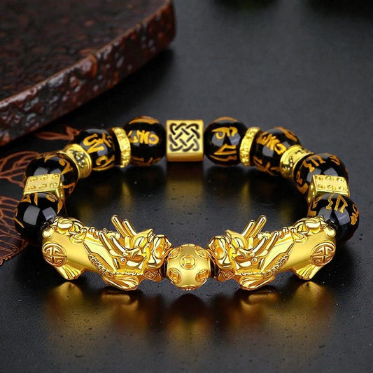FengShui Double PiXiu Bracelet - Obsidian Om Mani Padme Hum Wealth