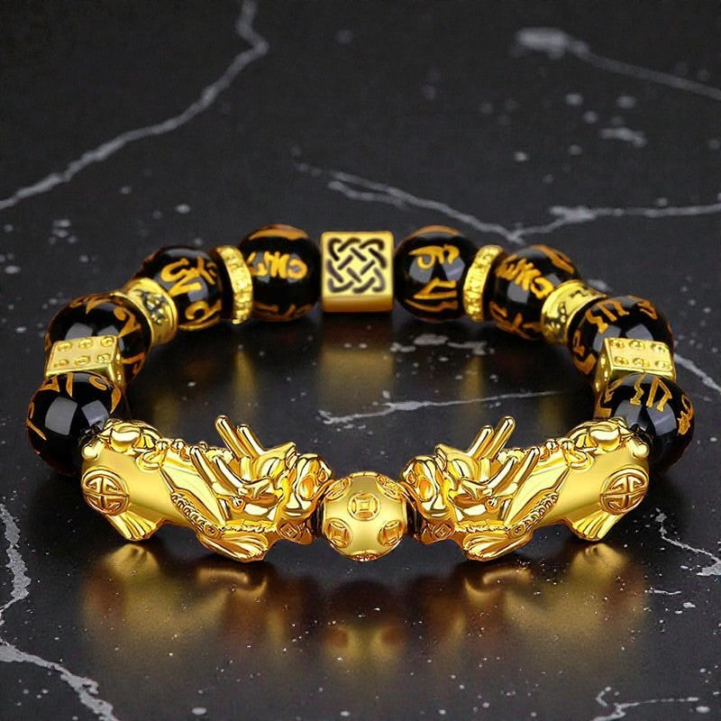 FengShui Double PiXiu Bracelet - Obsidian Om Mani Padme Hum Wealth
