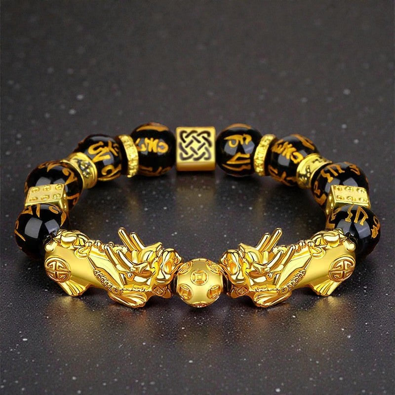 FengShui Double PiXiu Bracelet - Obsidian Om Mani Padme Hum Wealth