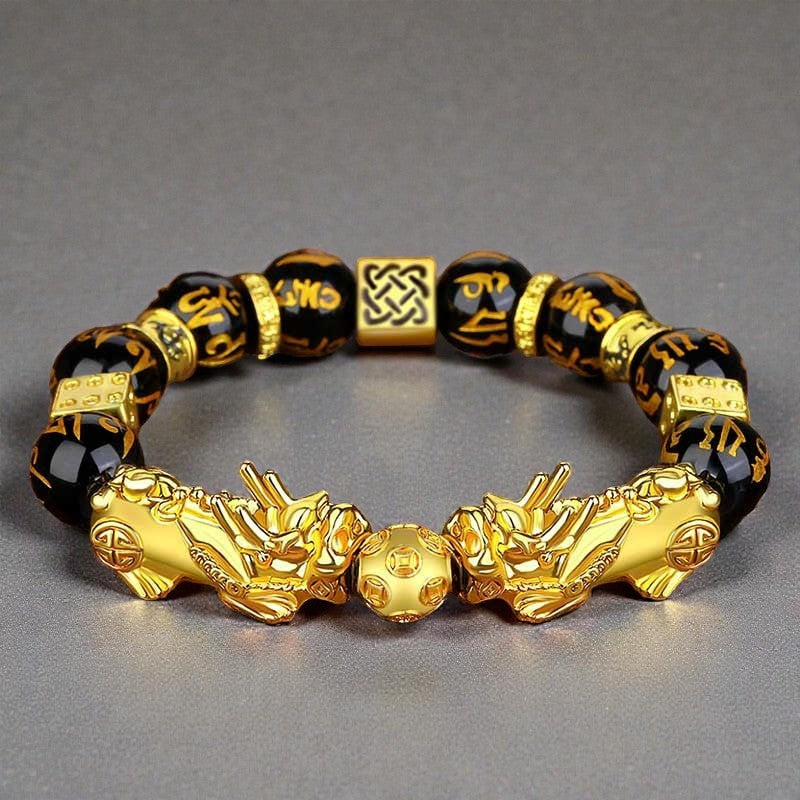 FengShui Double PiXiu Bracelet - Obsidian Om Mani Padme Hum Wealth