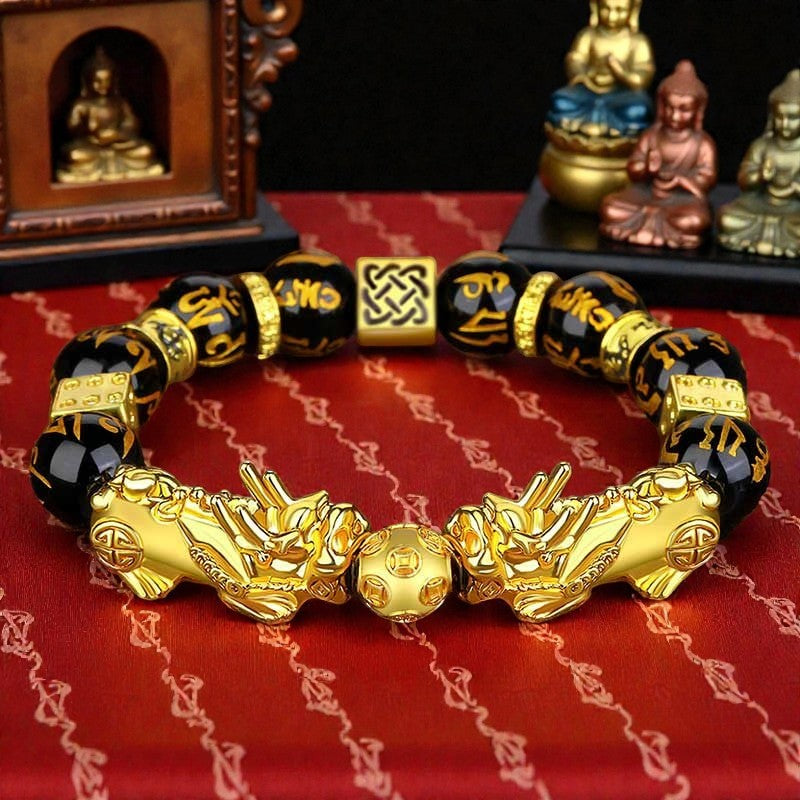 FengShui Double PiXiu Bracelet - Obsidian Om Mani Padme Hum Wealth