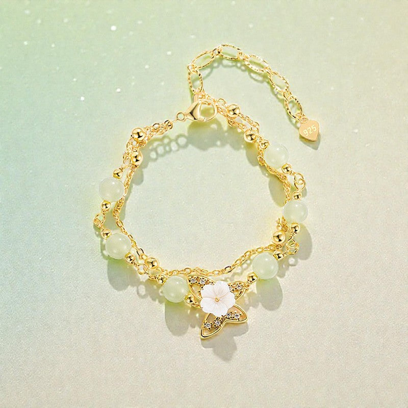 14K Gold Plated Bracelet - Jade Butterfly Tridacna Stone Flower Double Layer Luck