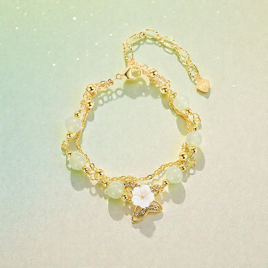 14K Gold Plated Bracelet - Jade Butterfly Tridacna Stone Flower Double Layer Luck