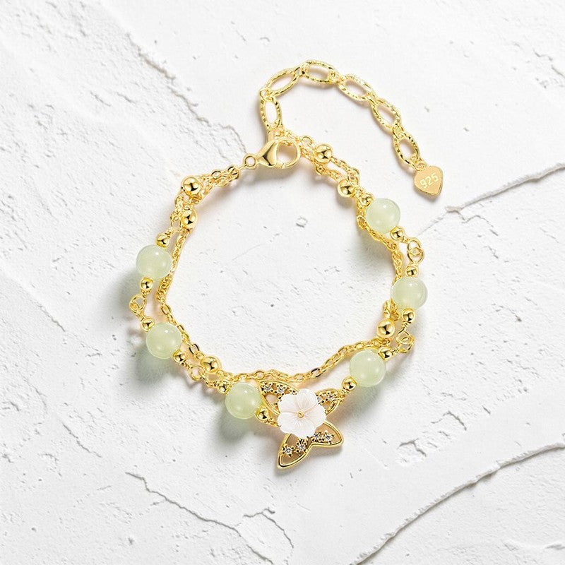 14K Gold Plated Bracelet — Jade Butterfly & Tridacna Flower, Double Layer (Symbol of Prosperity)
