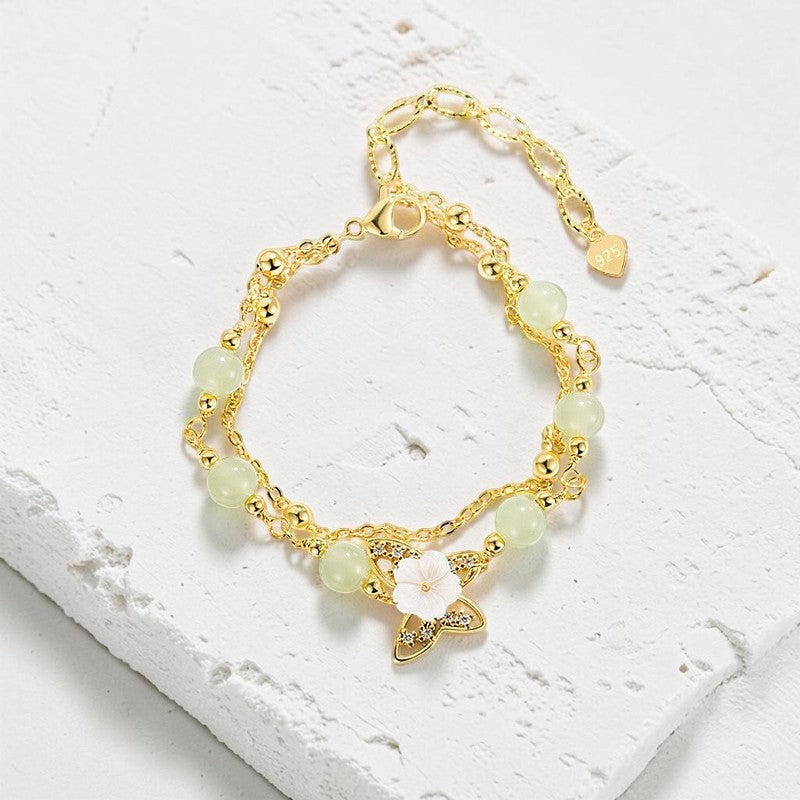 14K Gold Plated Bracelet — Jade Butterfly & Tridacna Flower, Double Layer (Symbol of Prosperity)