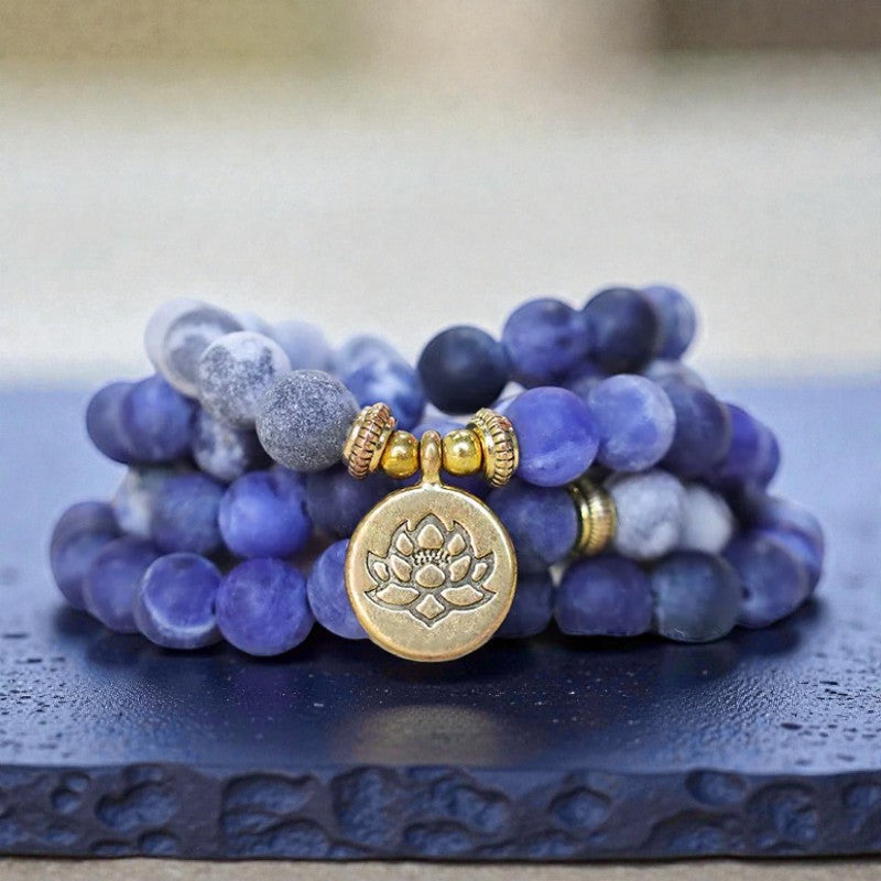 108 Natural Picasso Bracelet - Jasper & Blue Stone Mala Bead Lotus Pendant