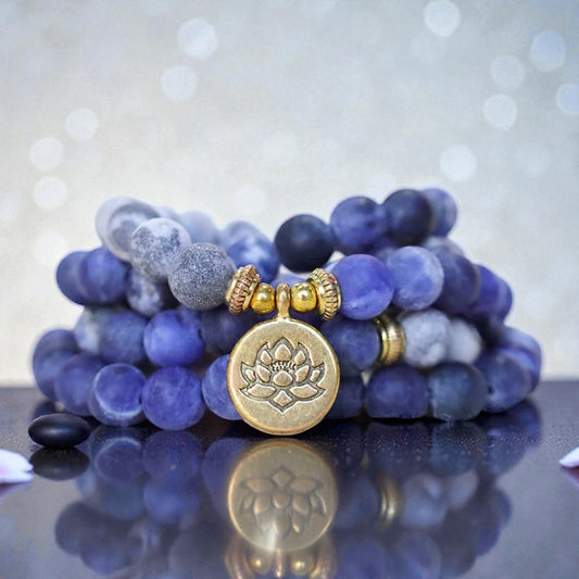 108 Natural Picasso Bracelet - Jasper & Blue Stone Mala Bead Lotus Pendant