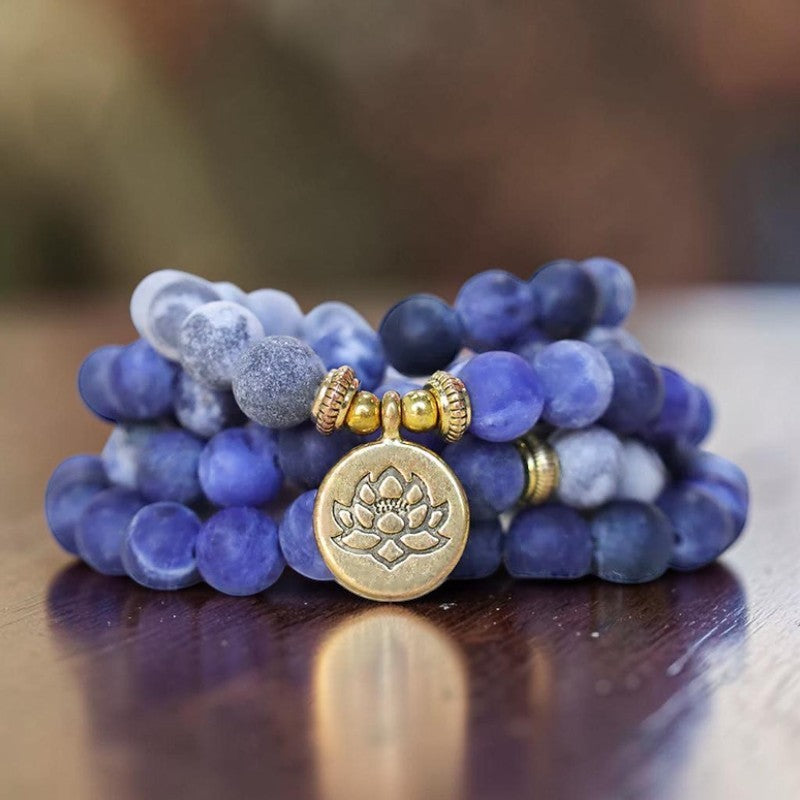 108 Picasso Jasper Mala Bracelet with Lotus Pendant — Jasper & Blue Stone Beads