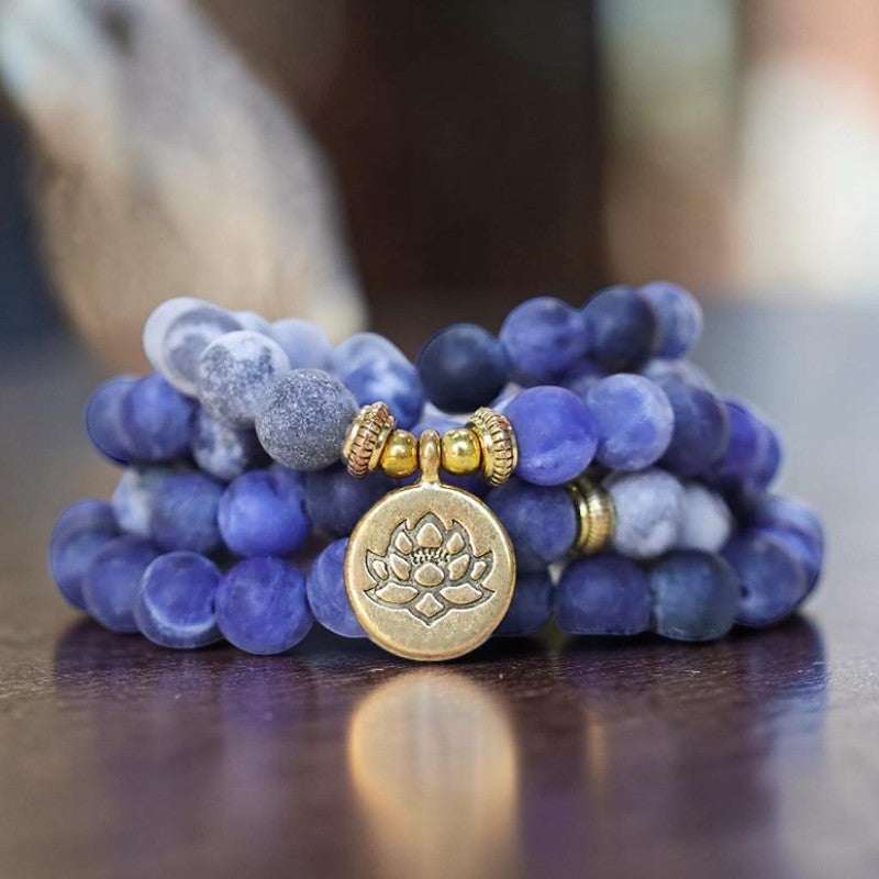 108 Picasso Jasper Mala Bracelet with Lotus Pendant — Jasper & Blue Stone Beads