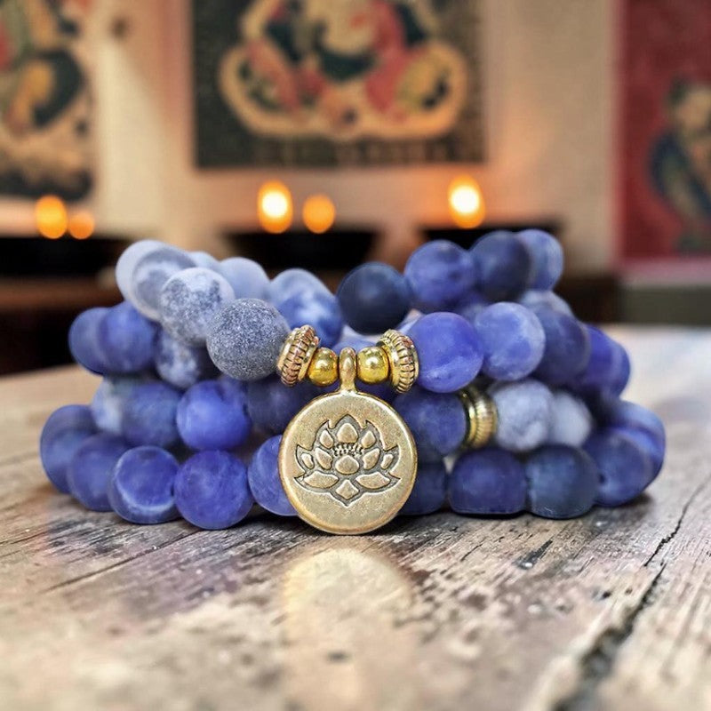 108 Picasso Jasper Mala Bracelet with Lotus Pendant — Jasper & Blue Stone Beads