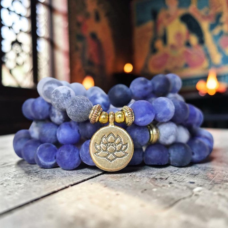 108 Picasso Jasper Mala Bracelet with Lotus Pendant — Jasper & Blue Stone Beads