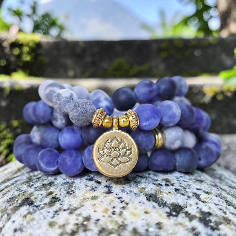 108 Picasso Jasper Mala Bracelet with Lotus Pendant — Jasper & Blue Stone Beads