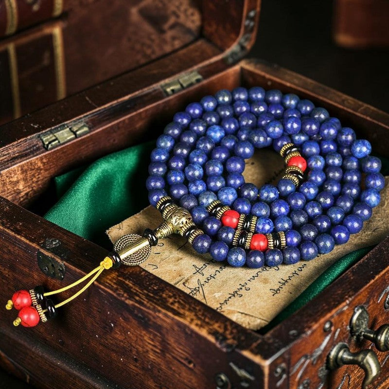 Tibetan Mala Bracelet — Lapis Lazuli (Lazurite) & Red Turquoise