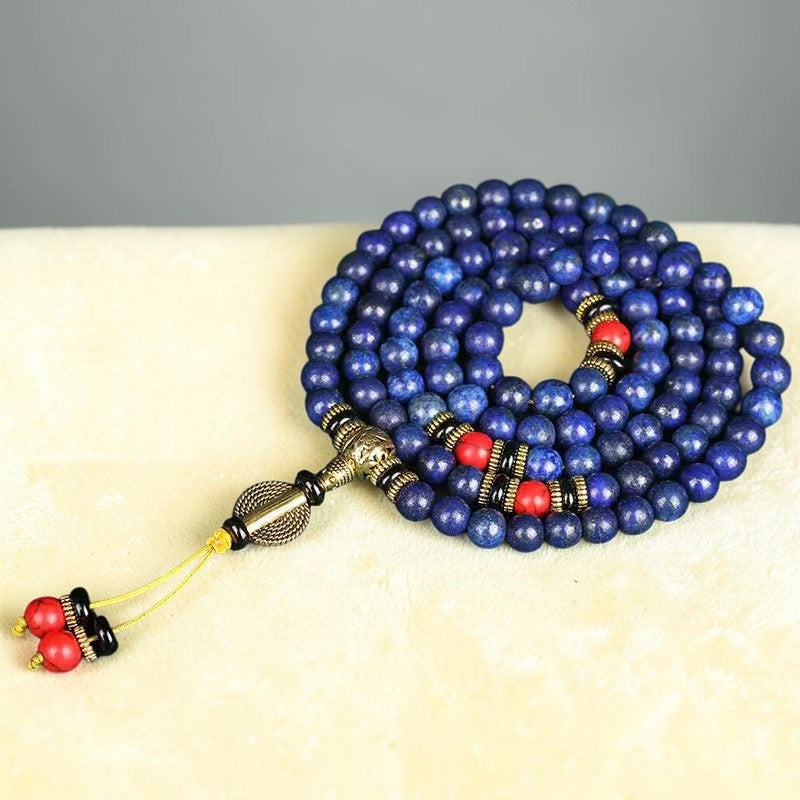 Tibetan Mala Bracelet — Lapis Lazuli (Lazurite) & Red Turquoise