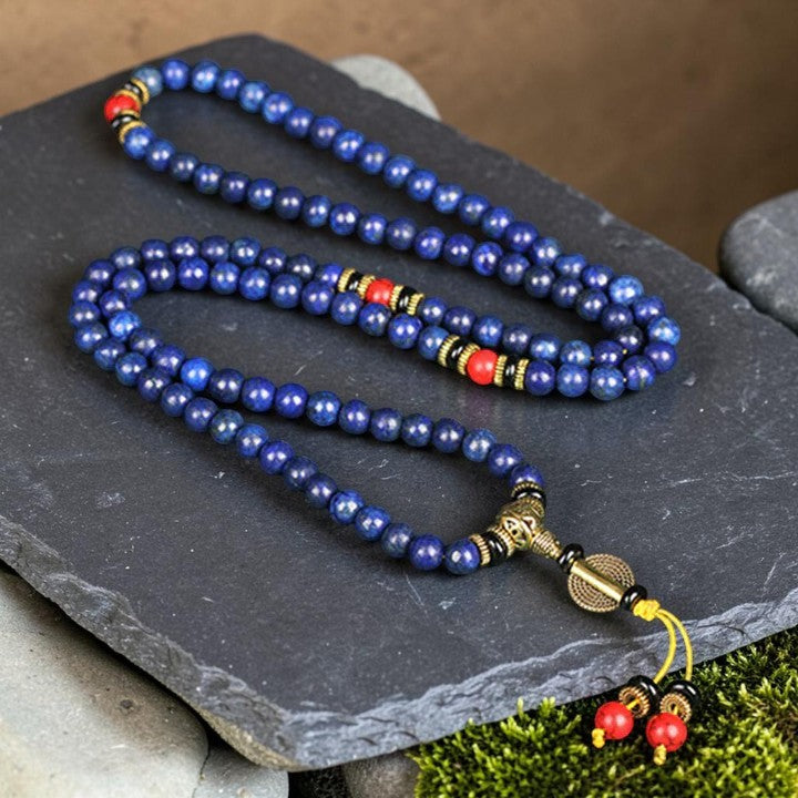 Tibetan Mala Bracelet — Lapis Lazuli (Lazurite) & Red Turquoise