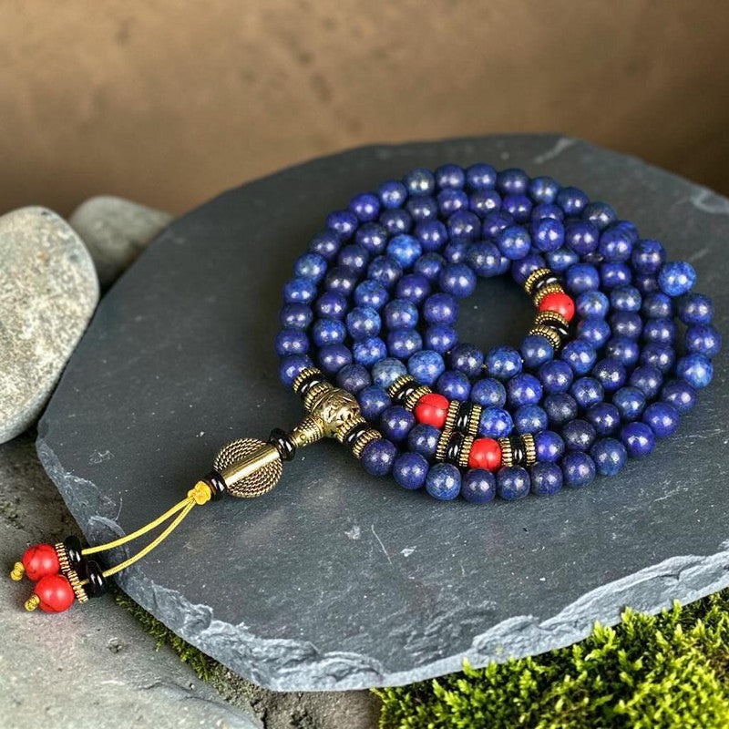 Tibetan Mala Bracelet — Lapis Lazuli (Lazurite) & Red Turquoise
