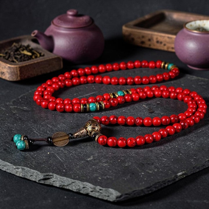 Tibetan Mala Red Bracelet — Turquoise Spiritual Bracelet