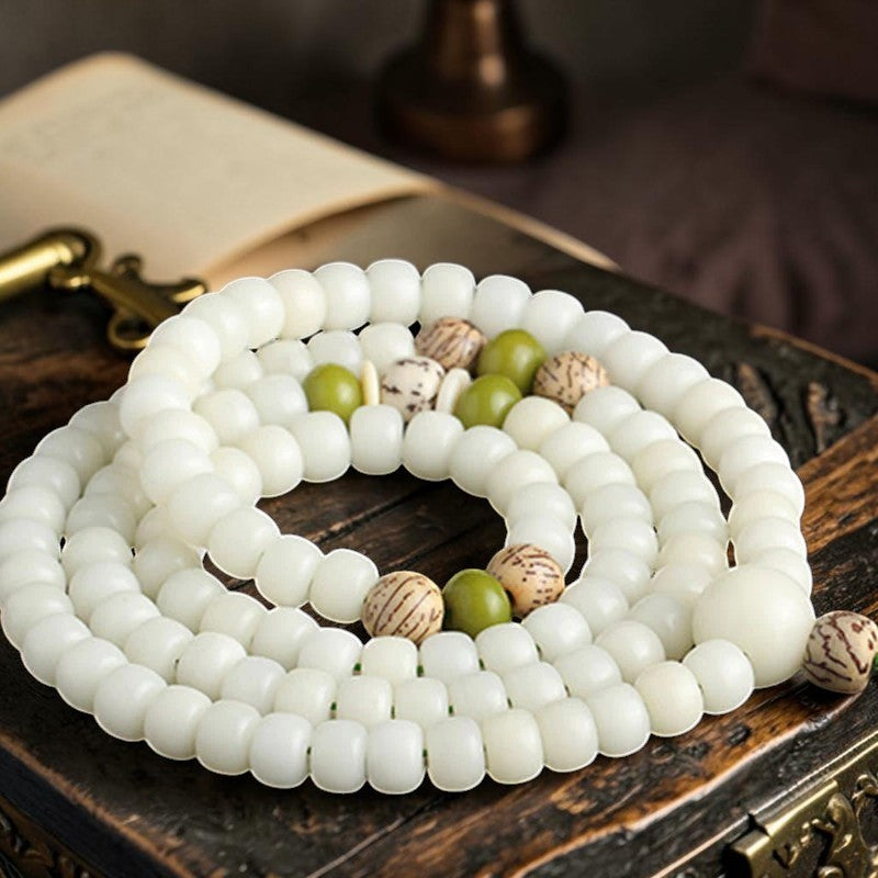White Jade Bodhi Bracelet — Lotus Mala for Mindful Living