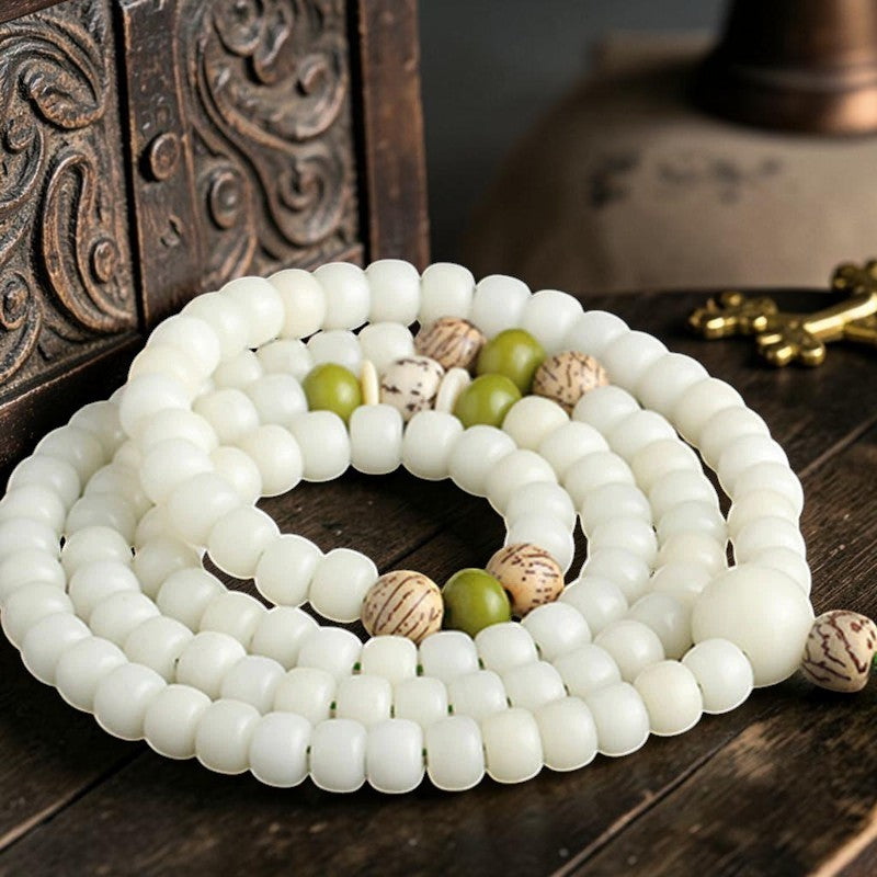 White Jade Bodhi Bracelet — Lotus Mala for Mindful Living