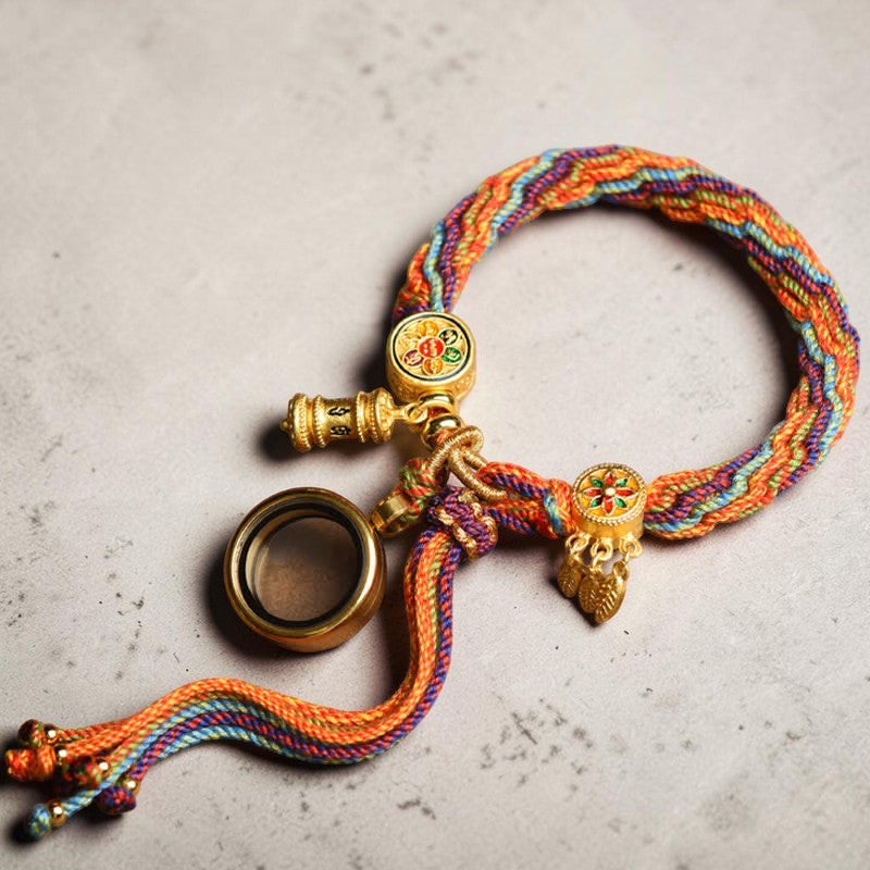 Tibetan Om Mani Bracelet — Padme Hum Red String with Reincarnation Knot (Copper & Rope)