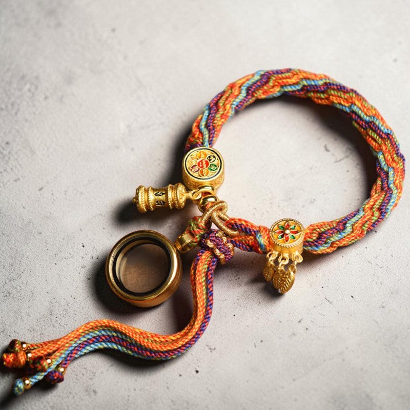 Tibetan Om Mani Bracelet — Padme Hum Red String with Reincarnation Knot (Copper & Rope)