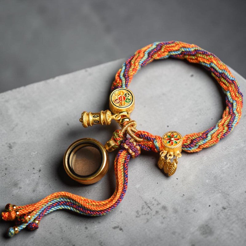 Tibetan Om Mani Bracelet — Padme Hum Red String with Reincarnation Knot (Copper & Rope)