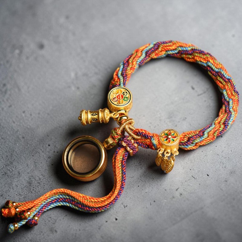 Tibetan Om Mani Bracelet — Padme Hum Red String with Reincarnation Knot (Copper & Rope)