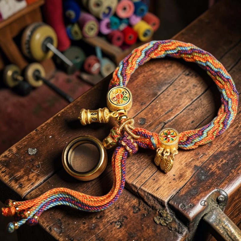 Tibetan Om Mani Bracelet — Padme Hum Red String with Reincarnation Knot (Copper & Rope)