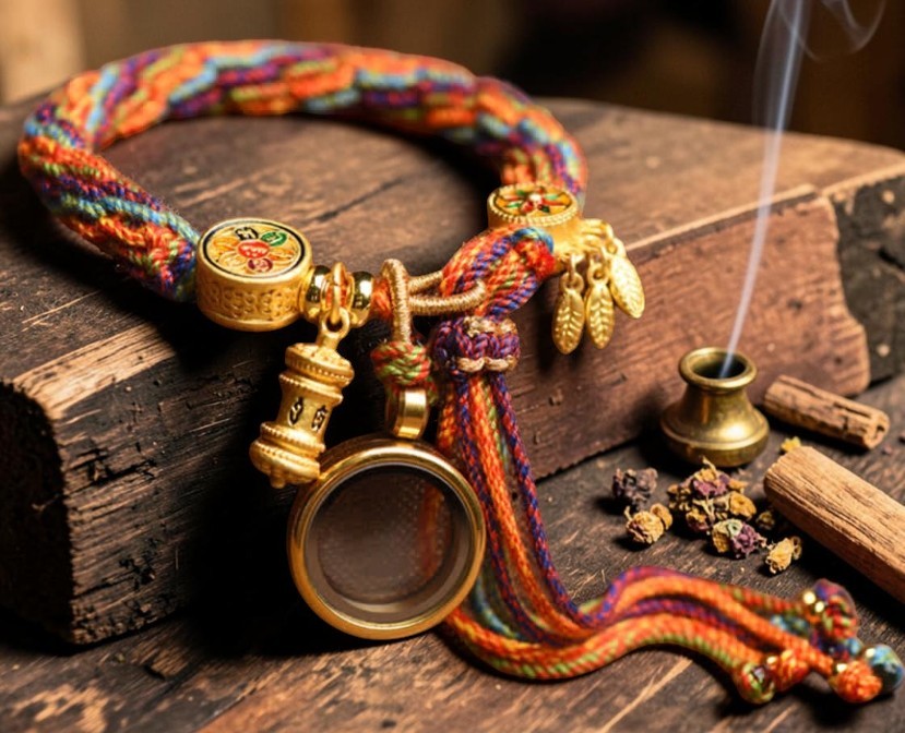 Tibetan Om Mani Bracelet — Padme Hum Red String with Reincarnation Knot (Copper & Rope)