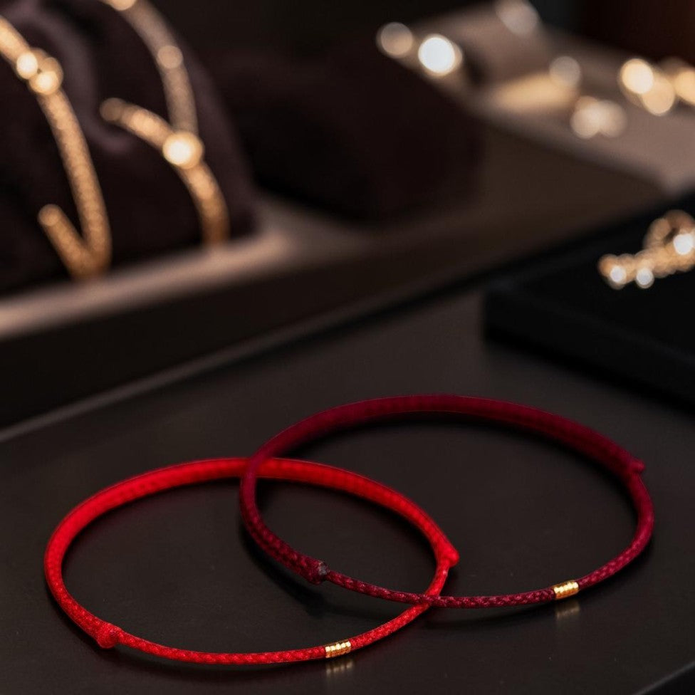 925 Sterling Silver Red String Bracelet with Golden Bead (Braided Anklet Style)