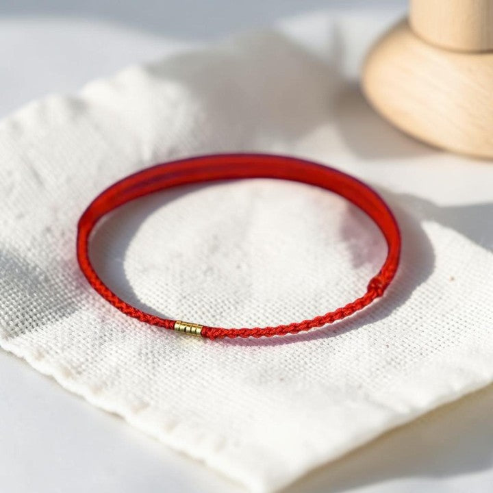 925 Sterling Silver Red String Bracelet with Golden Bead (Braided Anklet Style)