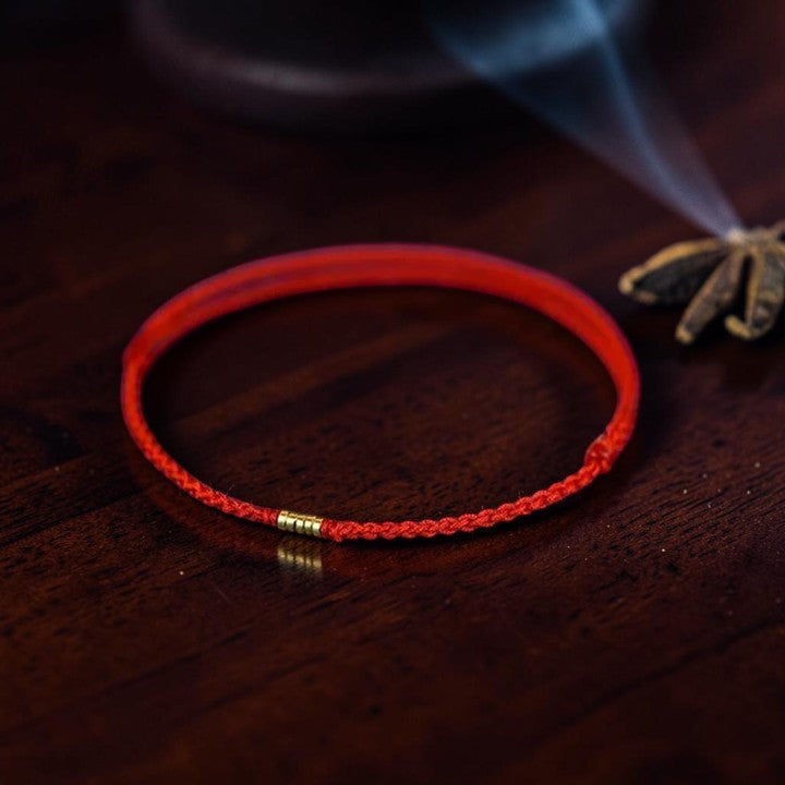 925 Sterling Silver Red String Bracelet with Golden Bead (Braided Anklet Style)