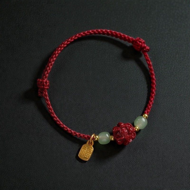 Natural Cinnabar Chinese Bracelet - Zodiac Hetian Jade Fu Character Luck Rope