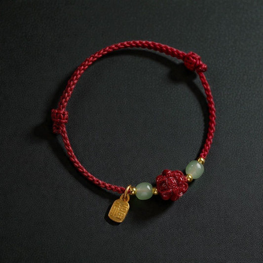 Natural Cinnabar Chinese Bracelet - Zodiac Hetian Jade Fu Character Luck Rope