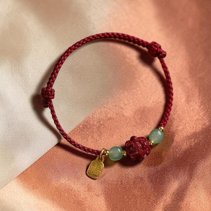 Natural Cinnabar Bracelet with Hetian Jade Zodiac Beads & Fu Character Rope