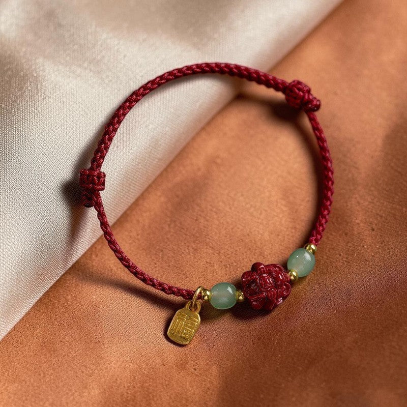 Natural Cinnabar Bracelet with Hetian Jade Zodiac Beads & Fu Character Rope