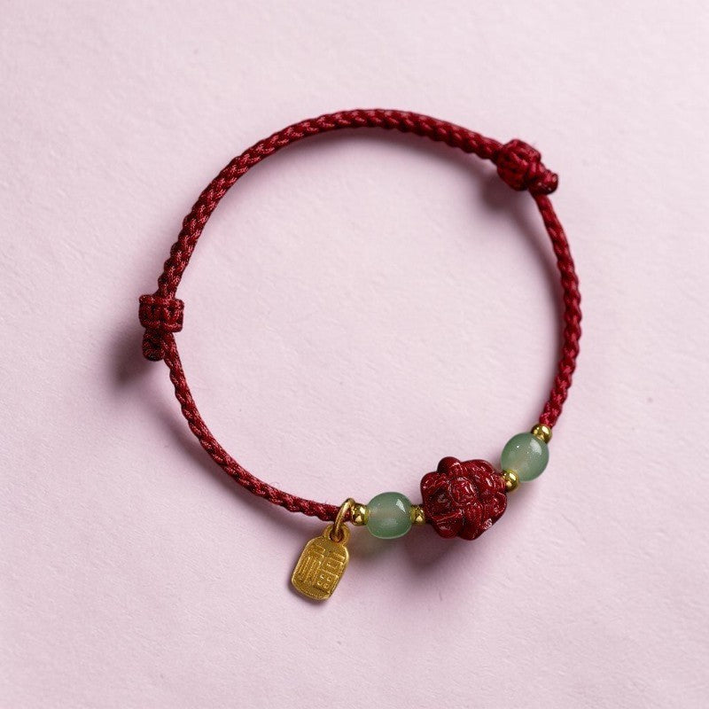 Natural Cinnabar Bracelet with Hetian Jade Zodiac Beads & Fu Character Rope