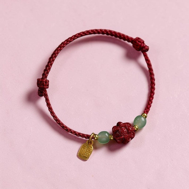 Natural Cinnabar Bracelet with Hetian Jade Zodiac Beads & Fu Character Rope